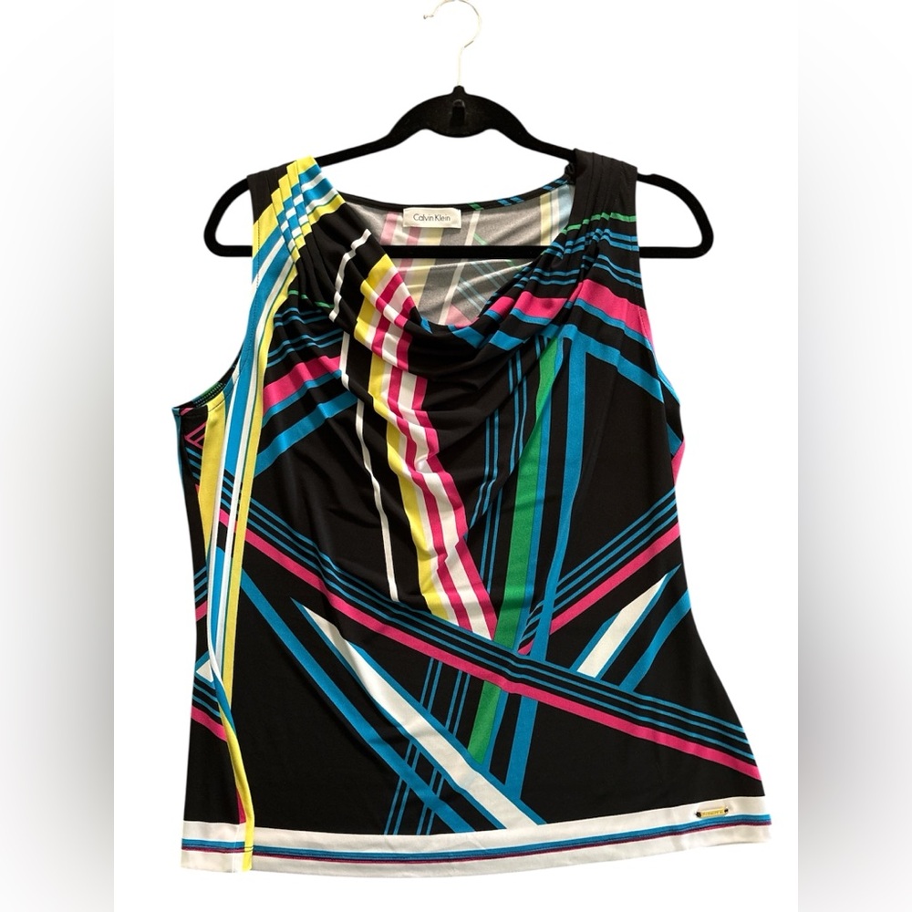Calvin Klein Green and Blue Asymmetrical Graphic Tank Top